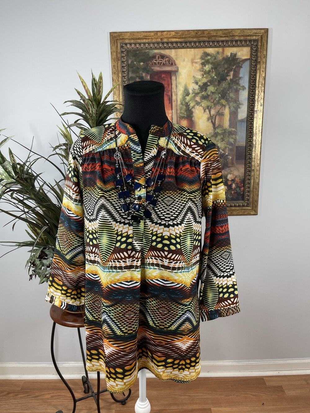 Fab'rik White Collection Women Tunic Blouse Size S Tribal Print Boho 3/4 Sleeve